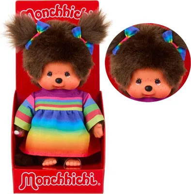 Obrázok produktu pre Dievča v dúhových šatách | 20 cm bábika Monchhichi | dve copíky