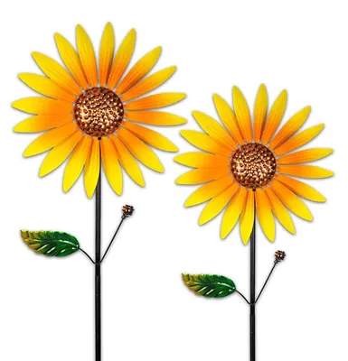 Produktbild von 2er Set Sonnenblumen-Windspiel aus Metall – 160 cm hoch, wetterfest – Mit zwei Größen (Ø 23,5 & 33 cm), ideal für Garten, Terrasse & Balkon