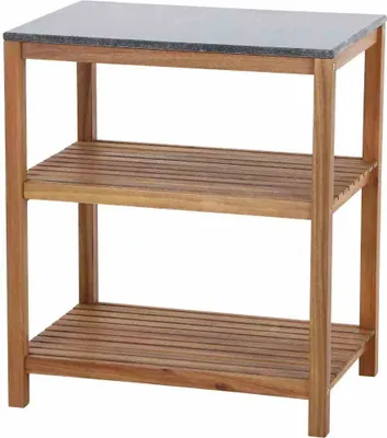 A three-tiered wooden shelf unit with a stone-like top, isolated on a white background.