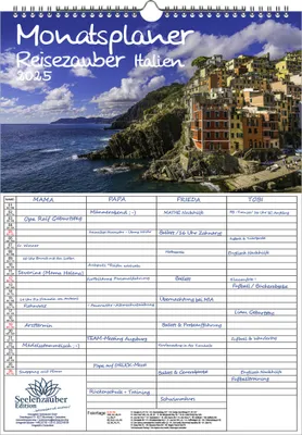 Produktbild von Reisezauber Italien Planer Wandplaner Familienplaner 4 Spaltenplaner DIN A3 Kalender für 2025 Rom Urlaub Strand Meer Mediterran Italien - Seelenzauber