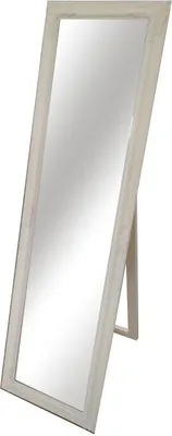A full-length mirror with a light-colored frame and a stand is shown against a white background.