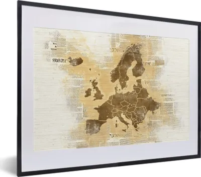 Produktbild von MuchoWow® MuchoWow® Gerahmtes Poster Karte von Europa - Braun - Zeitung 40x30 cm - Poster mit zchwarzem Bilderrahmen - Bilderrahmen - Poster im Rahmen