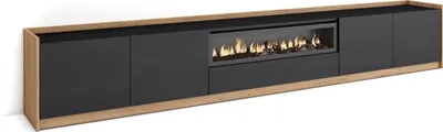 Image de Meuble TV, Banc Télé, Grand espace de Rangement, 310x37x50cm, Pour les TV jusqu'à 80", Cheminée électrique, Noir et chêne