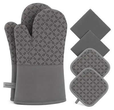 Imagen del producto de Juego de 6 guantes de silicona para horno Unyqoos®: 2 guantes para horno, 2 agarraderas y 2 paños de microfibra, resistentes al calor hasta 250 °C, aptos para barbacoas