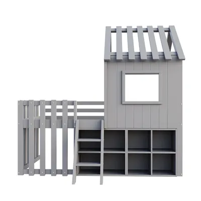 Produktbild von Merax Etagenbett Hausbett 90x200 mit Dach, Kinderbett mit Fenster und Stauraum, Spielbett aus Kiefernholz und Aufbewahrungsboxen, sicher, Grau