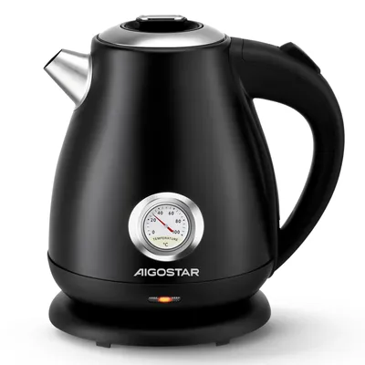 Produktbild von Aigostar Retro Edelstahl Wasserkocher mit Analoger Temperaturanzeige, 1,7L, 2200W Teekocher mit sichtbarer Wasserstandslinie