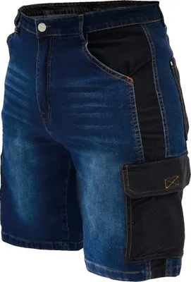A close-up studio shot of a pair of denim shorts with black fabric panels.