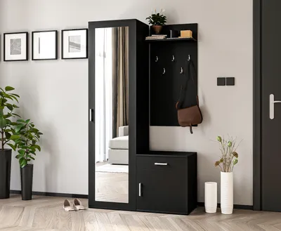 Image de AX LIVING Portemanteau Noir Magnola - 100 cm de large, avec rangement & miroir