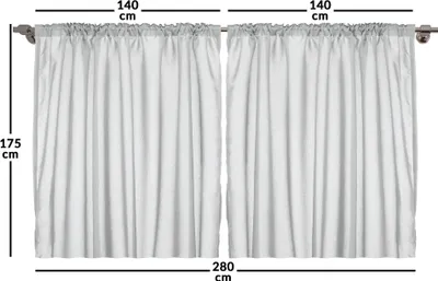 Two white curtains are shown hanging from a rod, with dimensions indicated by measurement lines and text.