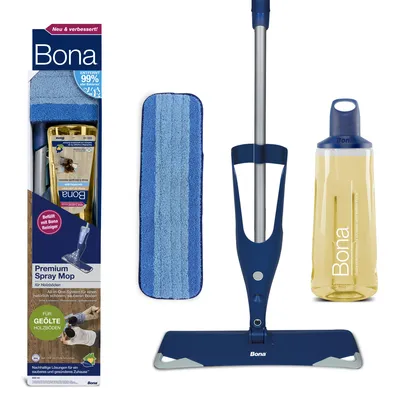 Produktbild von Bona Premium Spray Mop mit 850 ml Reinigungsmittel für geölte Holzböden, nachfüllbare Kartusche, inkl. Mikrofaser-Reinigungspad