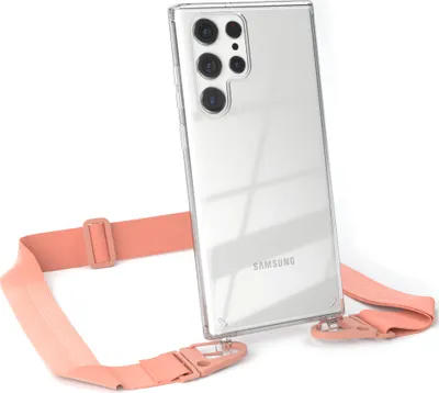 Produktbild von EAZY CASE - Hülle mit Band für Samsung Galaxy S22 Ultra 5G, Handyhülle mit Umhängeband, Silikonhülle transparent, Handykette in Orange