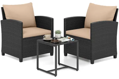 Produktbild von COSTWAY Gartenmöbel Set Polyrattan, Balkonmöbel inkl. 2 Stühle mit Kissen & Tisch aus Glas, Balkonset 2 Personen, Outdoor Sitzgruppe Schwarz-Khaki