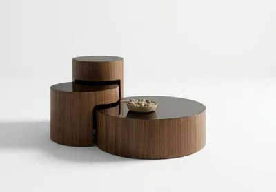 Immagine prodotto di Set di tavolini da salotto, stile moderno, marroni, con gambe in legno e piano in legno, rotondi, nuovi