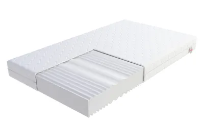 A white mattress is shown on a white background with a section cut away to reveal the foam layers.