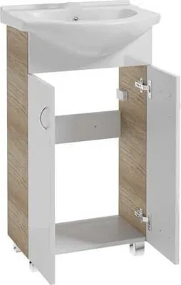 A freestanding bathroom cabinet with a sink on top, shown with its doors open.