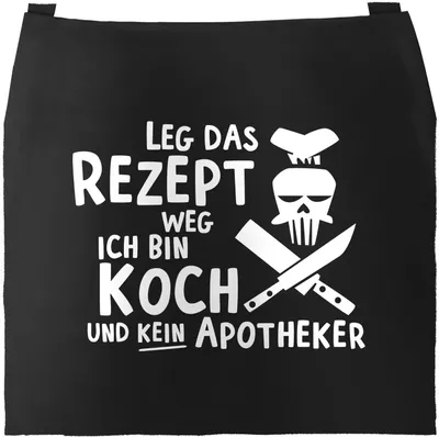 Produktbild von Grill-Schürze für Männer mit Spruch Leg das Rezept weg ich bin Koch und kein Apotheker Baumwoll-Schürze Küchenschürze Moonworks® schwarz unisize