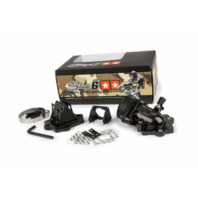 A set of performance scooter parts, including a carburetor and intake manifold, laid out on a white background next to its packaging.