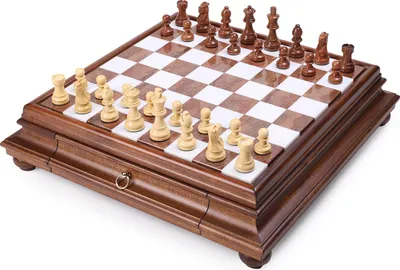 Immagine prodotto di Set Di Scacchi Italiano - Pezzi In Legno Di Acacia Classici 7,6 + Scacchiera In Marmo/Legno Di Tiglio 46 Con Cassetto