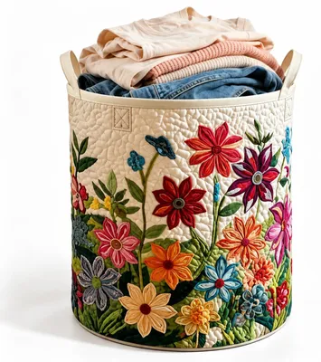 Wasmand stof opvouwbaar, boho-bloemenpatroon, met handvat