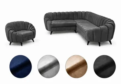 Zdjęcie produktu dla Zestaw wypoczynkowy Verno – sofa narożna 210x270 + fotel w nowoczesnym stylu, sprężyny Bonell HR45, wysokiej jakości tapicerka, styl loftowy i glamour, wolnostojący, ergonomiczny, ciemnoszary