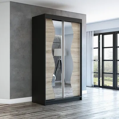 Produktbild von Schwebetürenschrank, 2-türig Schrank mit Spiegel! Moderne Garderobe für Kleidung. Verschiedene Farben (Weiß, Schwarz, Somona) Kleiderschrank RIMA 120 cm