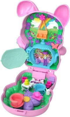 Produktbild von Polly Pocket Teeparty-Häschen-Schatulle, Spielset mit 1 kleinen Puppe und zwei Häschen, Spielzeug für unterwegs mit Styling-Accessoires, Tier, 4 Jahr(e), Mehrfarbig, Kunststoff