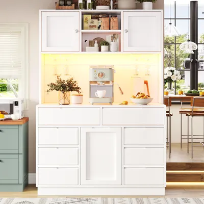Imagen del producto de Armario alto de cocina con iluminación LED, de 120x40x183.5 cm, color blanco, con 8 cajones y estantes ajustables fabricados en MDF y metal