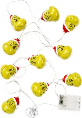 A string of Grinch-themed LED lights on a white background.