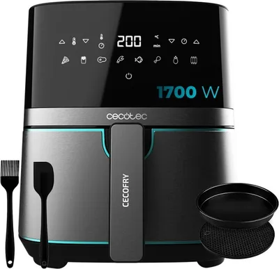 Productafbeelding van Cecotec frituurpan zonder olie, model Cecofry Full Inox Black 5500 Pro, met accessoires