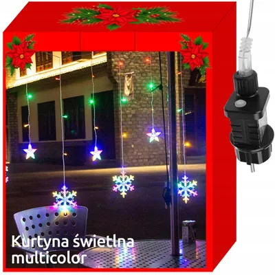 A product image showing Christmas lights with snowflakes and stars, displayed on a red box with festive decorations. The lights are shown hanging in front of a building at night, with a chair in the foreground.