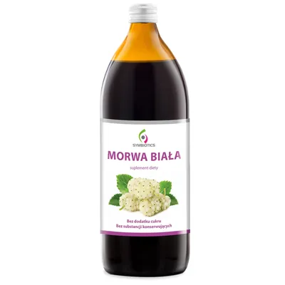 A bottle of white mulberry juice with a label showing white mulberries and text.