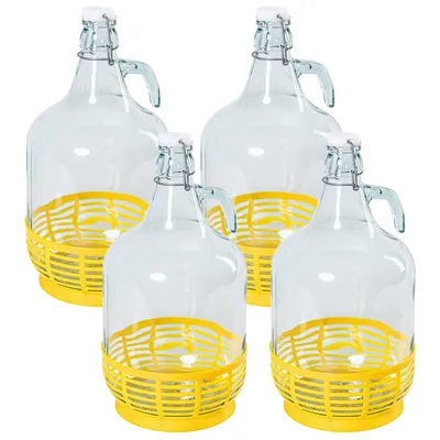 Produktbild von MIKONI 4 STÜCK x Bügelflaschen 5L Gelb Korb, Gärballon Glasballon Weinballon Fass 5000ml Weithalsballon Flasche mit Bügelverschluss