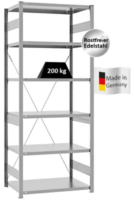 Produktbild von PROREGAL Edelstahl Fachbodenregal Stecksystem MAGNUS Germany | HxBxT 250x100x60cm | 6 Ebenen | Fachlast 200kg | Edelstahl