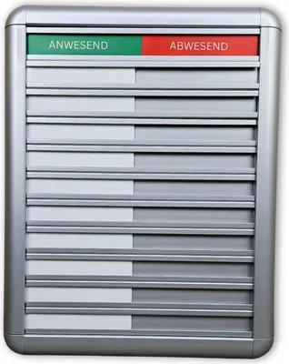 Produktbild von CombiCraft Anwesendheitstafel bzw. Abwesenheitstafel "Anwesend-Abwesend" in einem silberfarbenen Aluminiumschiebeprofil für 10 Personen - 257 x 330 mm