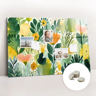 Obrázok produktu pre Magnetická tabuľa na stenu - Memo Tabuľa Sklenená - vrátane 5 magnetov - 90x60 cm - Akvarelové kvety