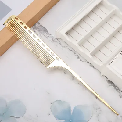 Produktbild von Salon Rattenschwanz Haarkamm Männer Frauen Styling Professioneller Friseur Aluminium MetallkammGold