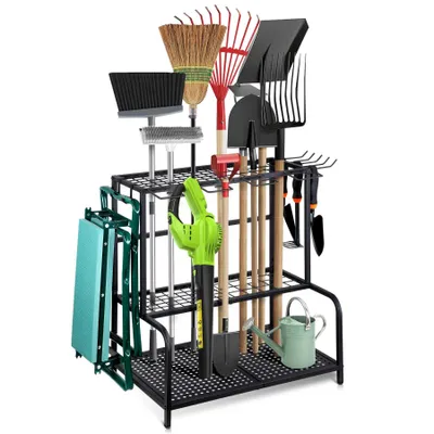 Produktbild von Gartengerätehalter Metall Gartengerätehalter mit 3 Ebenen Werkzeugregal mit Haken (für Garage, Garten & Keller, 74 × 41 × 66 cm,platzsparend,stabil