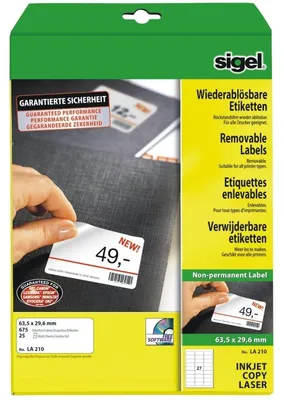 Produktbild von SIGEL LA210 Wiederablösbare Etiketten, 63,5 x 29,6 mm, weiß, 675 Etiketten