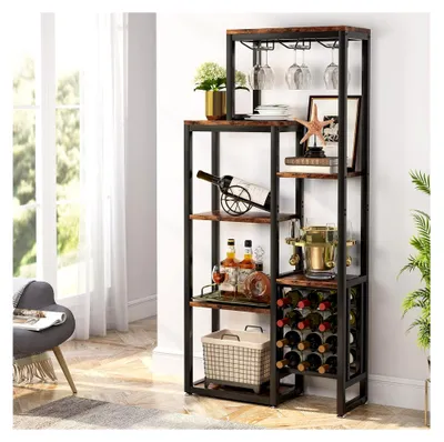 Produktbild von Weinregal freistehender Boden, 5-stöckiges Weinbäckerregal mit Glashalter & Weinaufbewahrung, industrielles Weinregal, Weinbarschrank, für Bar, Küche, Esszimmer (Rustic Brown 1pc)