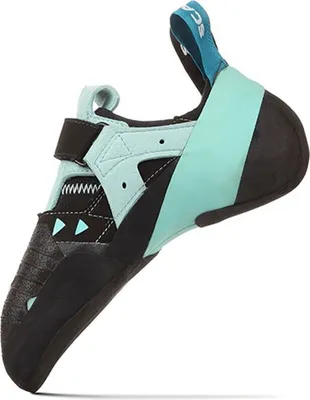 Kletterschuh "Instinct VS" von Scarpa in Schwarz und Türkis mit Klettverschluss; seitliche Ansicht.