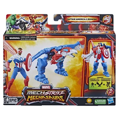 Image de Hasbro F6675 Marvel Mechstrike Mechasaurus Captain America et Redwing Figurines d'action, figurines mobiles et combinables pour enfants