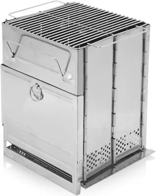 Obrázok produktu pre Gril na drevené uhlie 14 x 14 x 20.5 cm, nehrdzavejúca oceľ, skladací, pre kempovanie