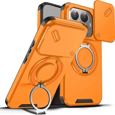 Immagine prodotto di Custodia a doppio strato per Xiaomi 15T Pro, con copertura scorrevole della fotocamera e supporto ad anello magnetico Arancione