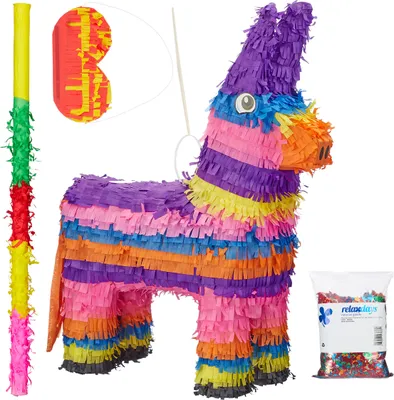 Image de Lot de 4 pièces : piñata en forme d'âne, sac de confettis XXL, bâton pour piñata avec masque, piñata pour enfants à remplir, bâton et masque, multicolore