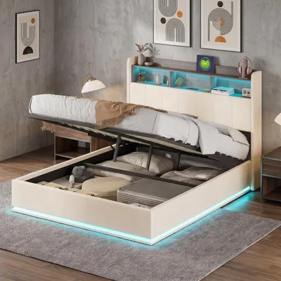 Immagine prodotto di Letto imbottito INONEFT, modello idraulico, dimensioni 140x190 cm, con USB e Type-C, letto matrimoniale per ragazzi con illuminazione LED, letto contenitore, modello boxspring, rivestito in velluto, colore beige