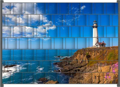 Produktbild von Wallario Zaunsichtschutz mit Motiv Leuchtturm auf einem Felsvorsprung - Blauer Himmel für Ein- und Doppelstabmatten Zäune in der Größe 200 x 140 cm