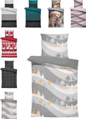 Produktbild von Winter Biber Bettwäsche Baumwolle Kuschelig Flauschig Warme Weiche Flanell Bettbezüge Modern, Größe:3 teilig 200x220 cm, Farbe:Rentiere Winterlandschaft grau
