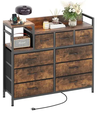 Produktbild von Kommode mit 9 Schubladen - Stoff Aufbewahrungsturm - Metallgestell - Schlafzimmer Wohnzimmer Flur - Freistehender Schrank - Rustikales Braun