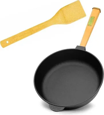 Produktbild von Famanu Gusseisenpfanne mit Abnehmbarem Holzgriff und Spatel - 26 cm, Hoher Rand