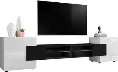 A modern TV stand with a large flat-screen TV mounted above it, set against a white background.